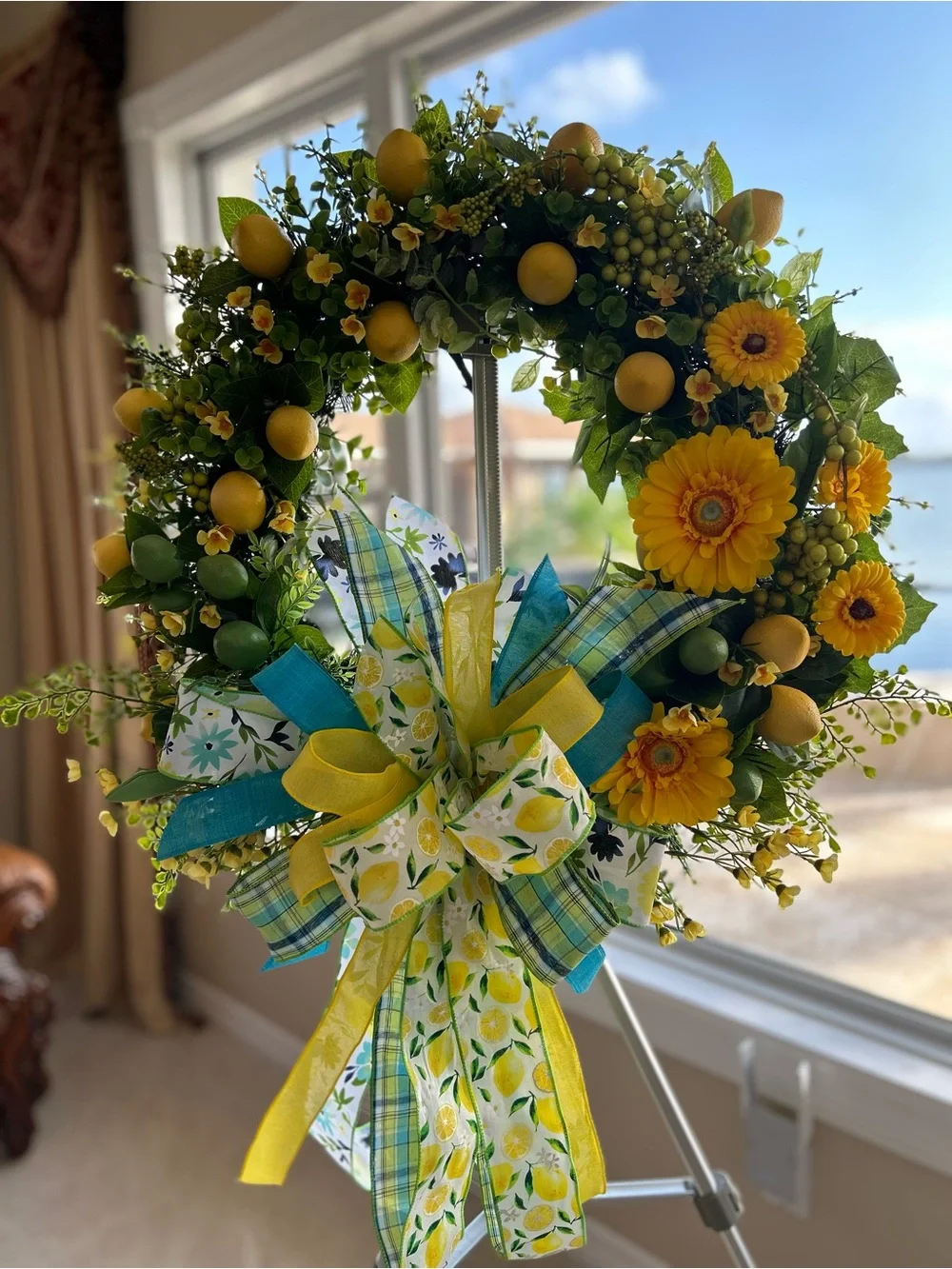 Yellow Lemon Spring Wreath with Bow - Home Holiday